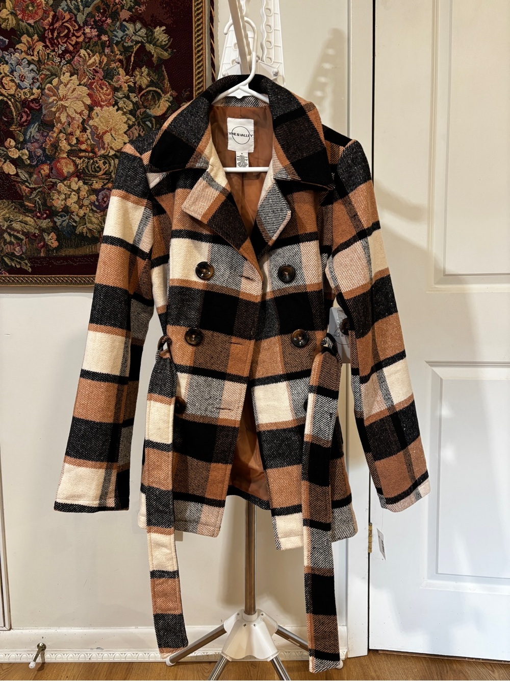 Vine & Valley NWT Plaid Belted Peacoat S Double Breasted Brown Black